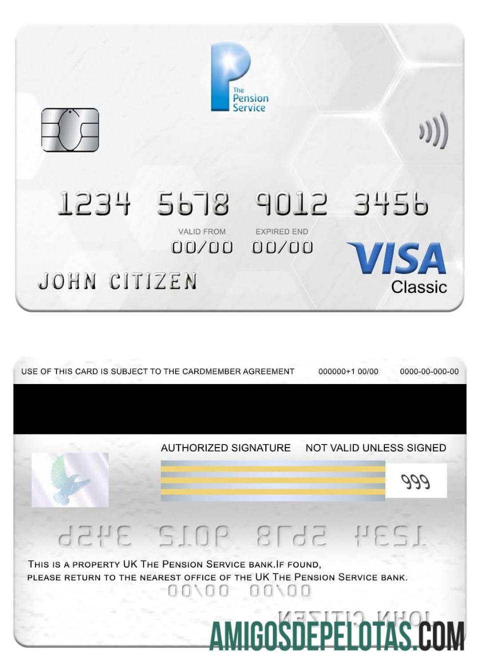 Cartão Visa Classic do The Pension Service Bank do Reino Unido modelo